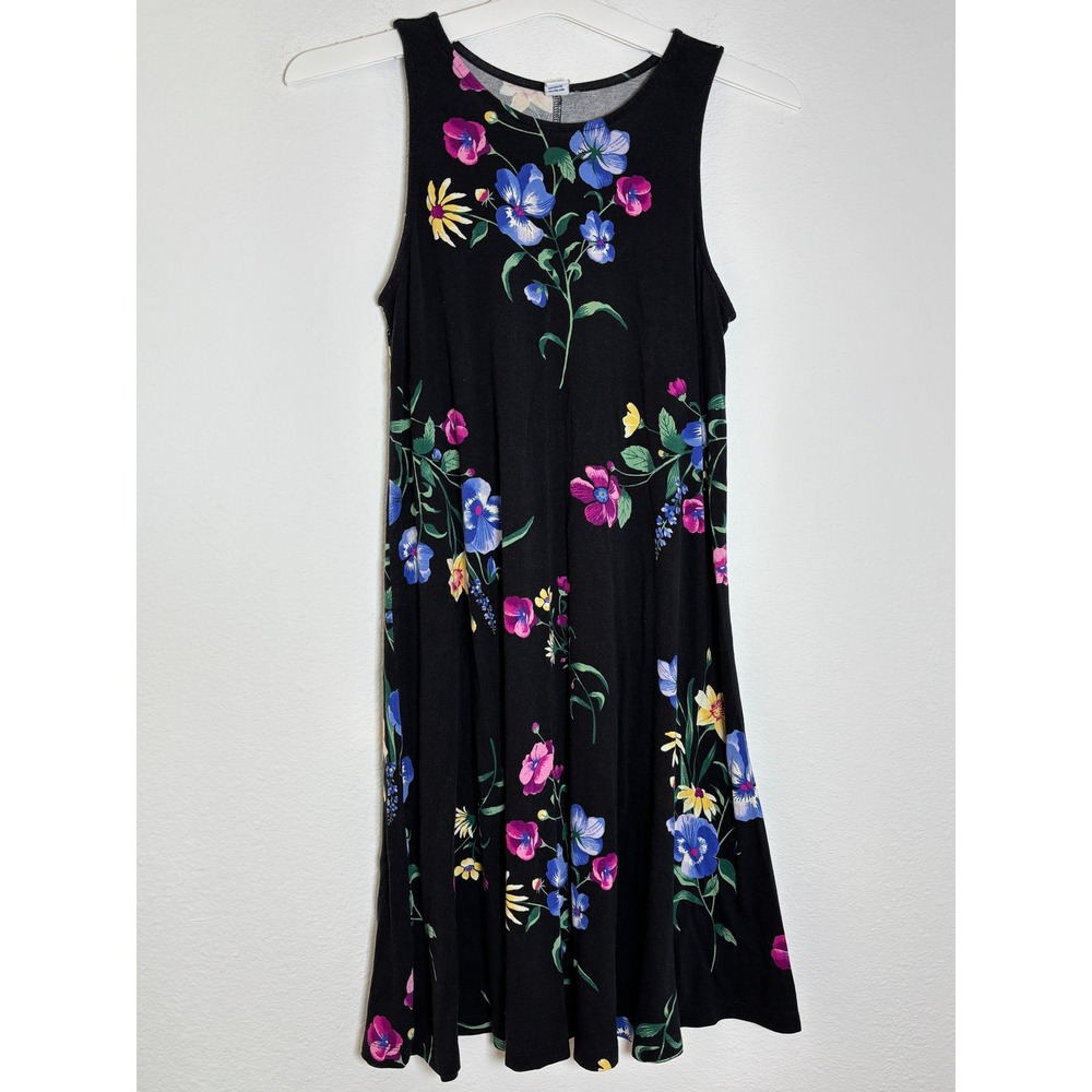 Old Navy Womens XS Black Floral Sleeveless Swing Mini Dress A-Line Jersey Summer